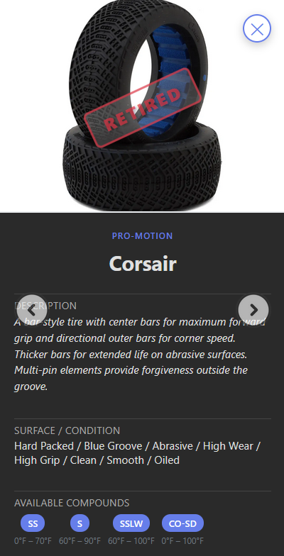 R/C tire selector app Pro Motion Corsair Tire